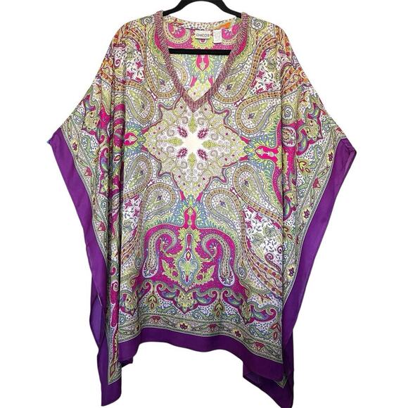 Chicos Beaded Neckline 1970’s Paisley Print Poncho Topper Blouse Size L/XL Boho - Picture 1 of 7